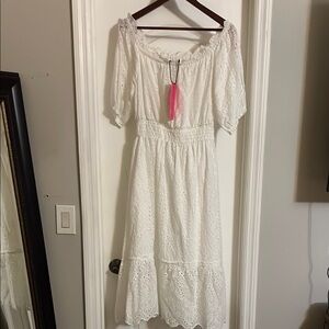 BETSY JOHNSON White Eyelet Off-Shoulder Dress